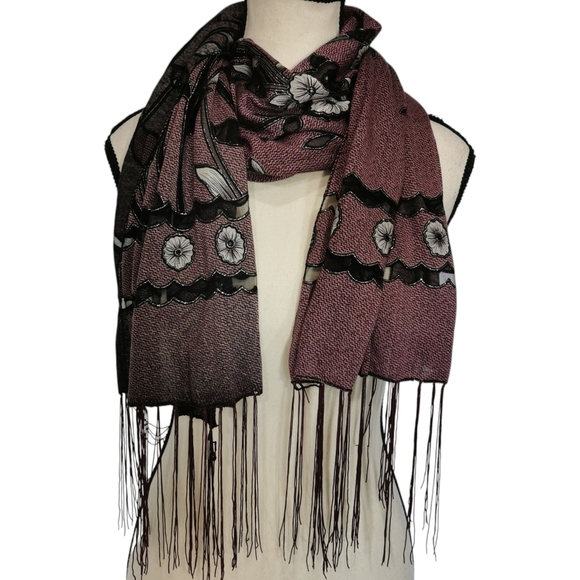 Pineapple Moon Accessories - Pineapple Moon Burnout Poppy Embroidered Fringed Scarf